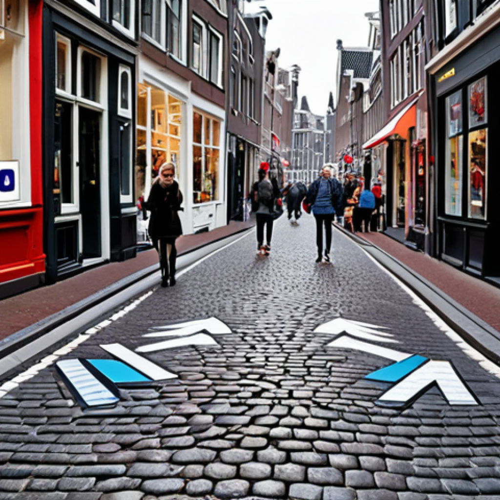 A bustling Amsterdam street scene enhanced with augmented reality: Digital navigation arrows overlaid on the cobblestone road, shop windows displaying virtual discounts and product information, and people interacting with AR applications on their smartphones, showcasing the blend of the digital and physical world in a smart city environment.