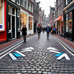 A bustling Amsterdam street scene enhanced with augmented reality: Digital navigation arrows overlaid on the cobblestone road, shop windows displaying virtual discounts and product information, and people interacting with AR applications on their smartphones, showcasing the blend of the digital and physical world in a smart city environment.