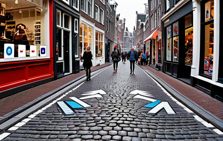 A bustling Amsterdam street scene enhanced with augmented reality: Digital navigation arrows overlaid on the cobblestone road, shop windows displaying virtual discounts and product information, and people interacting with AR applications on their smartphones, showcasing the blend of the digital and physical world in a smart city environment.