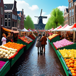 **Prompt:** A bustling virtual marketplace in Amsterdam, filled with colorful digital flowers and Dutch treats. Avatars haggle over prices in a playful Koningsdag atmosphere, digital windmills visible in the background, art style influenced by Dutch Masters.