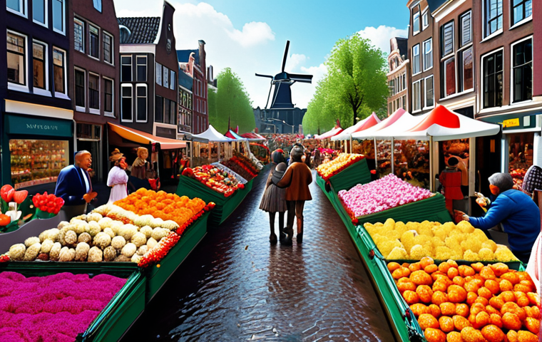 **Prompt:** A bustling virtual marketplace in Amsterdam, filled with colorful digital flowers and Dutch treats. Avatars haggle over prices in a playful Koningsdag atmosphere, digital windmills visible in the background, art style influenced by Dutch Masters.