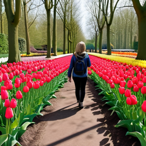 **

A person wearing AR glasses is walking through the Keukenhof gardens, viewing real tulips overlaid with digital information about the flowers, shared live with friends and family on a holographic screen showing video call feeds. Focus on vibrant colors and a sense of connection despite distance.

**