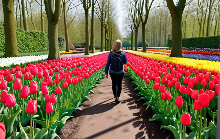 **

A person wearing AR glasses is walking through the Keukenhof gardens, viewing real tulips overlaid with digital information about the flowers, shared live with friends and family on a holographic screen showing video call feeds. Focus on vibrant colors and a sense of connection despite distance.

**