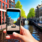 "A bustling, sunlit street scene in Amsterdam, where a person is subtly interacting with the 'reverse metaverse.' Holographic augmented reality elements are seamlessly integrated into the physical environment, appearing directly on historic canal houses and shop windows. These overlays display unobtrusive real-time information such as floating restaurant reviews, historical facts, and personalized shopping recommendations. The digital elements enhance the physical world, creating an intuitive and enriched experience. Realistic, vibrant, and subtly futuristic, high resolution."