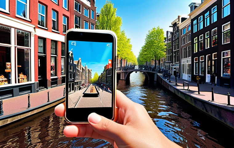 "A bustling, sunlit street scene in Amsterdam, where a person is subtly interacting with the 'reverse metaverse.' Holographic augmented reality elements are seamlessly integrated into the physical environment, appearing directly on historic canal houses and shop windows. These overlays display unobtrusive real-time information such as floating restaurant reviews, historical facts, and personalized shopping recommendations. The digital elements enhance the physical world, creating an intuitive and enriched experience. Realistic, vibrant, and subtly futuristic, high resolution."