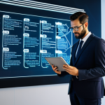 A distinguished legal expert, fully clothed in a modest business suit, stands in a sophisticated, modern office. Holographic projections and augmented reality overlays depict intricate legal frameworks, interconnected data streams, and symbols of digital-physical convergence around them. The expert is looking thoughtfully at the projections, holding a tablet displaying legal text. The scene conveys the complexity of regulating the reverse metaverse. Professional photography, high resolution, sharp focus, perfect anatomy, natural proportions, well-formed hands, correct proportions, appropriate content, safe for work, fully clothed, family-friendly.