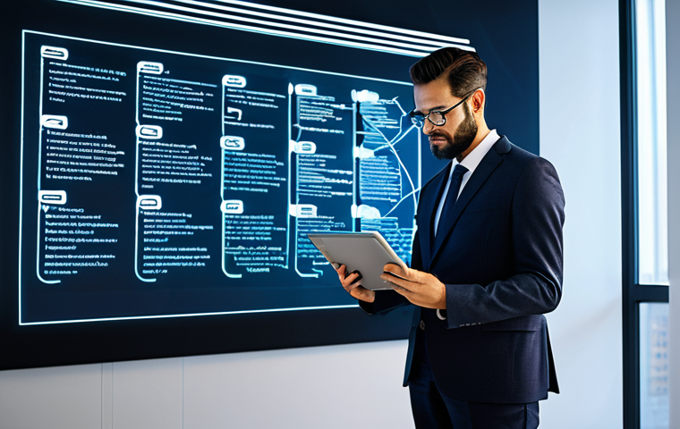 A distinguished legal expert, fully clothed in a modest business suit, stands in a sophisticated, modern office. Holographic projections and augmented reality overlays depict intricate legal frameworks, interconnected data streams, and symbols of digital-physical convergence around them. The expert is looking thoughtfully at the projections, holding a tablet displaying legal text. The scene conveys the complexity of regulating the reverse metaverse. Professional photography, high resolution, sharp focus, perfect anatomy, natural proportions, well-formed hands, correct proportions, appropriate content, safe for work, fully clothed, family-friendly.